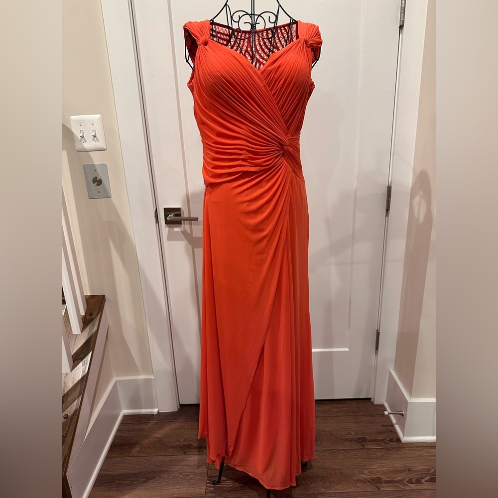 Front-ruched Coral color dress with an open back